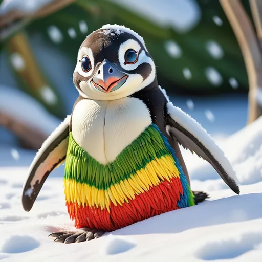 Prompt: A friendly Magellanic penguin, full body of vibrant parrot-like skin with rich hues of green, blue, and yellow, comfortably resting in a blanket of soft, white snow, playful expression, whimsical atmosphere, shimmering snowflakes glimmering in the sunlight, ultra-detailed, 4K resolution, bright contrasting tones, enchanting and cheerful scene, nature-inspired setting with a magical touch.