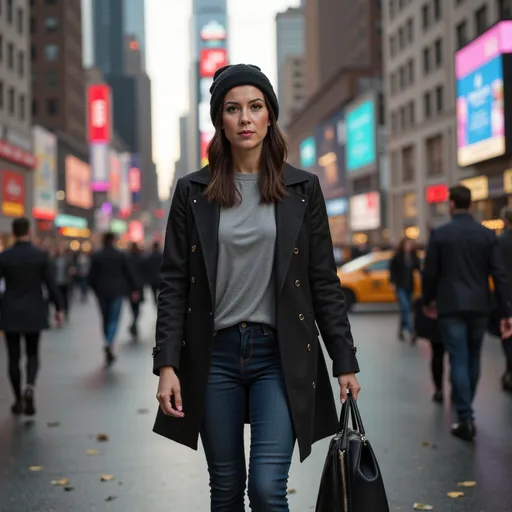Prompt: A photorealistic female person @Jo9bKkCqfcxMc6ubOojX confidently stands out as she walks on the crowded sidewalk in New York City. She is carrying a black leather tote, dressed in sleek black boots that glisten against the wet pavement, a stylish trench coat that billows slightly with each step, and a snug black beanie pulled low over her brow. The vibrant cityscape surrounds her, with towering skyscrapers and flickering neon signs illuminating the scene. The atmosphere is alive with the sounds of honking taxis and distant chatter, while a gentle breeze stirs fallen leaves at her feet. The camera captures her from a mid-angle, emphasizing her determined expression as she navigates through the urban landscape, framed by the dynamic energy of the city.
