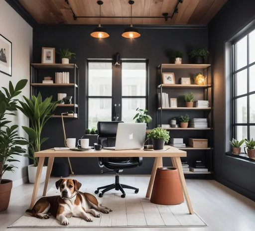 Prompt: A home office with a plant, laptop, dog on the floor, and coffee cup. The office has nice lighting. 