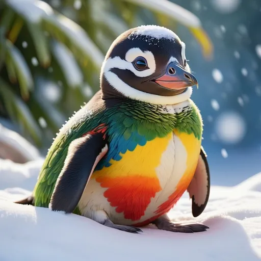 Prompt: A friendly Magellanic penguin, vibrant parrot-like skin with rich hues of green, blue, and yellow, comfortably resting in a blanket of soft, white snow, playful expression, whimsical atmosphere, shimmering snowflakes glimmering in the sunlight, ultra-detailed, 4K resolution, bright contrasting tones, enchanting and cheerful scene, nature-inspired setting with a magical touch.