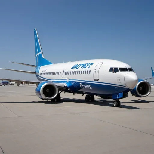 Prompt: A Boeing 737 on a clear day, in a airport with 2 engines and a total of 3 wheels, 2 wheels on the back and 1 wheel on the front, each have 2 axles in the wheels, getting ready for take off.