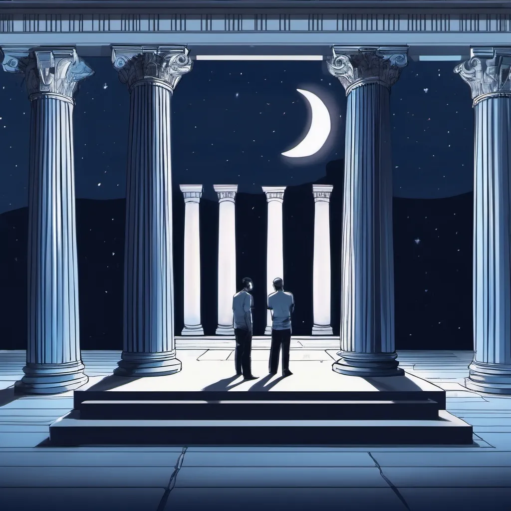 Prompt: create image of 2 guys standing in the greek museum at night with colums on the left and right side. They're planning something on paper that is laying on the table in the middle. Moon blue shine comes to the room
 