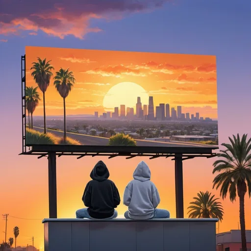 Prompt: create an image of teen in hoodie sitting on big bilboard in california during sunset. Hes listening to music and just chilling drinking juice

