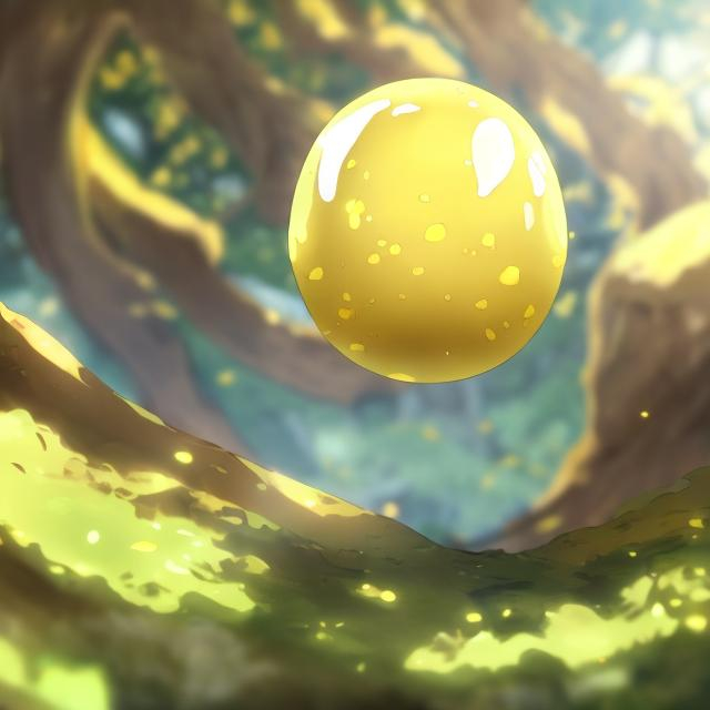 Prompt: Anime, A golden semitranparent slime ball floating above the ground. Mitz vah 