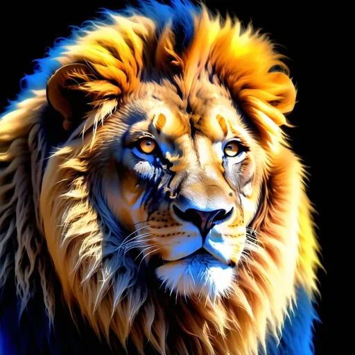 Prompt: Lion in darkness through a thermal monocular, (infrared energy emission display), vibrant thermal color patterns, (blues, oranges, and yellows to indicate heat), focused sharp details of the lion's features, capturing raw intensity, eerie ambiance, high contrast lighting, (4K ultra-detailed), background shadows of the night, mysterious atmosphere, giving a sense of intrigue and depth.