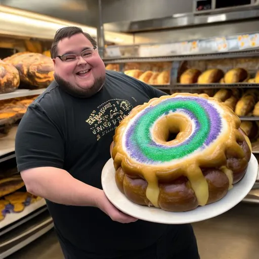 Prompt: chubby man holding a king cake out 
