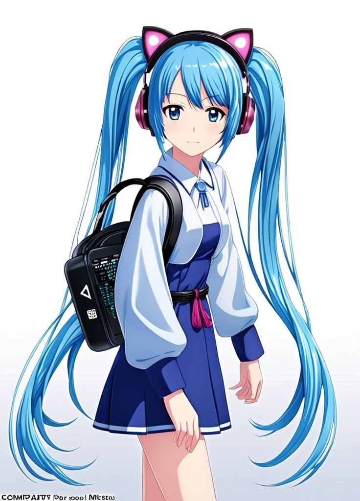 Prompt: a girl with blue hair and a blue dress with a bag on her shoulder and a pair of headphones on her ears, Ai-Mitsu, computer art, official art, computer graphics