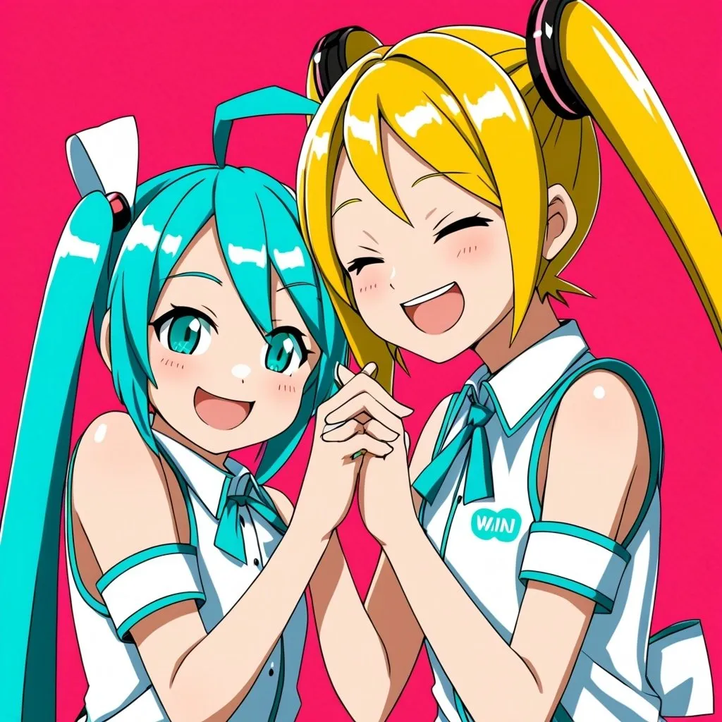 Prompt: Kagamine Rin and Hatsune miku interlocking fingers winking 