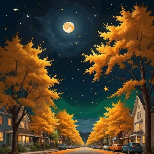 Prompt: The dark blue sky is beyond,


Stars falling here and there

Night and the distant moon


Yellow stars in the sky

Twinkle white things


Orange moon crushed


Brown is the color of oakwood shelves
 

Green-leafed trees are like the water droplets of our town