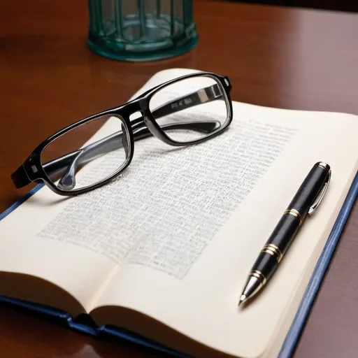 Prompt: Book on table  pen glasses
