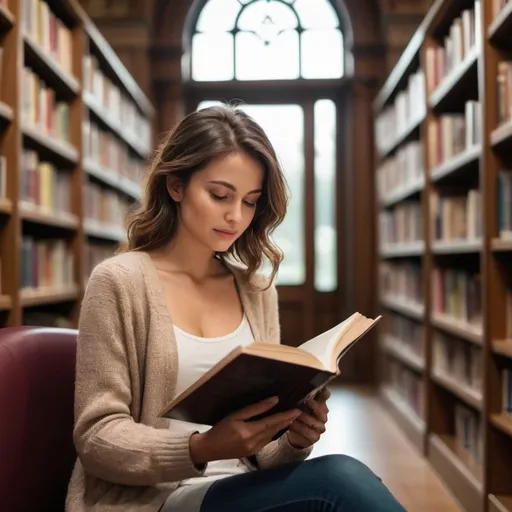 Prompt: Generate an image of a lady reading book in a library with beatiful environment