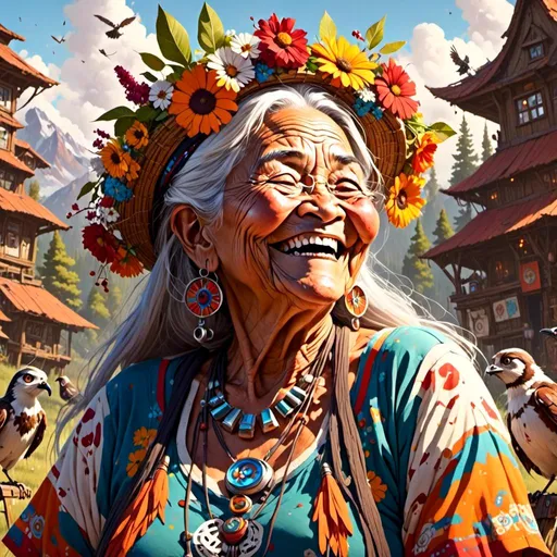 Prompt: <mymodel> Old modern day indigenous grandmother, laughing 

