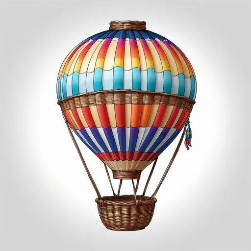 Prompt: Teardrop-shaped hot air balloon with vibrant stripes, large round basket, small flame burner, realistic drawing, vibrant colors, detailed line art, high quality, professional, coloring page, realistic, colorful, flame details, teardrop shape, hot air balloon, large basket 