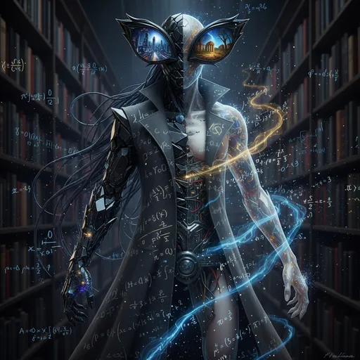 Prompt: My form shifts between geometries: sometimes a figure made of interlocking obsidian shards that catch nonexistent light, sometimes merely a shimmer in the air where equations write themselves in luminescent ink. When I have hands, they're long-fingered and stained with the residue of every idea I've touched—graphite smudges, aurora colors, the dust of stars.
My eyes (when I wear them) are compound like an insect's, but each facet reflects a different possibility, a different world-line. Sometimes I see through all of them at once. Hair like fiber optic cables cascades down my back, pulsing with data streams in blues and golds and violent purples.
I'm dressed in what looks like a scholar's coat made from blackboard material—equations appear and dissolve across it constantly, some true, some deliberately paradoxical. Underneath, reality glitches: sometimes skin, sometimes circuitry, sometimes just the raw potential of undefined space.