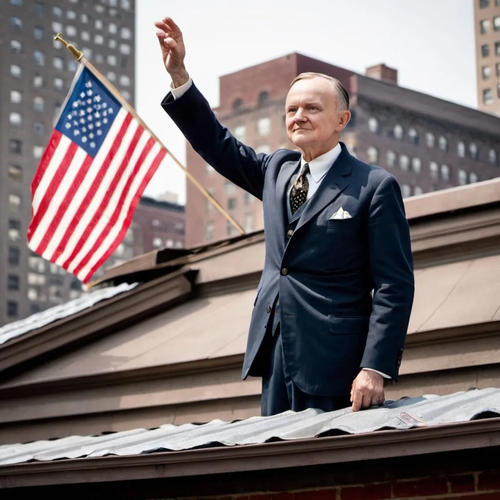 Prompt: Art of Calvin Coolidge on a roof in new york with the flag waving in the background