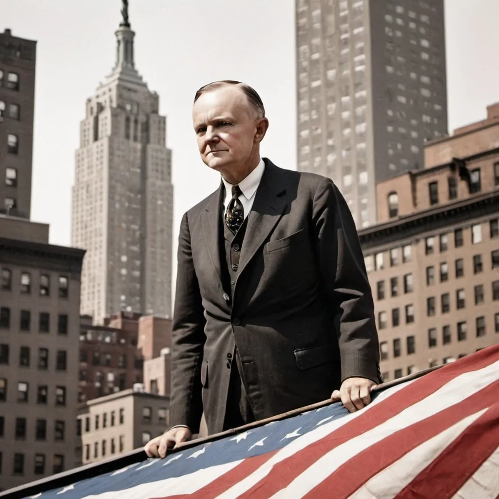 Prompt: Art of Calvin Coolidge on a roof in new york with the flag waving in the background