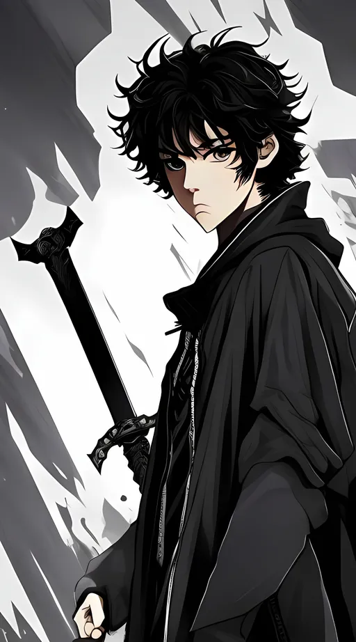 Prompt: Anime-style illustration of a 16-year-old boy with curly black hair, wearing an unzipped cloak and jacket, white shirt, holding a sword ,detailed facial features, detailed clothing folds, intense and determined expression, high-quality, anime, detailed, dark color palette, dramatic lighting