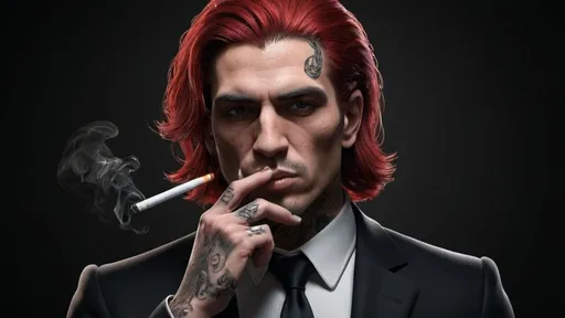 Prompt: Mafia member smoking a cigarette, dark and moody 3D rendering, detailed facial features, luxurious black suit, professional lighting, high quality, dark and moody, mafia, 3D rendering, detailed facial features, luxurious, professional lighting, intense gaze, smoke, atmospheric, dramatic, messy hair and with the tattoos of the reference (also red and black hair just as the reference)