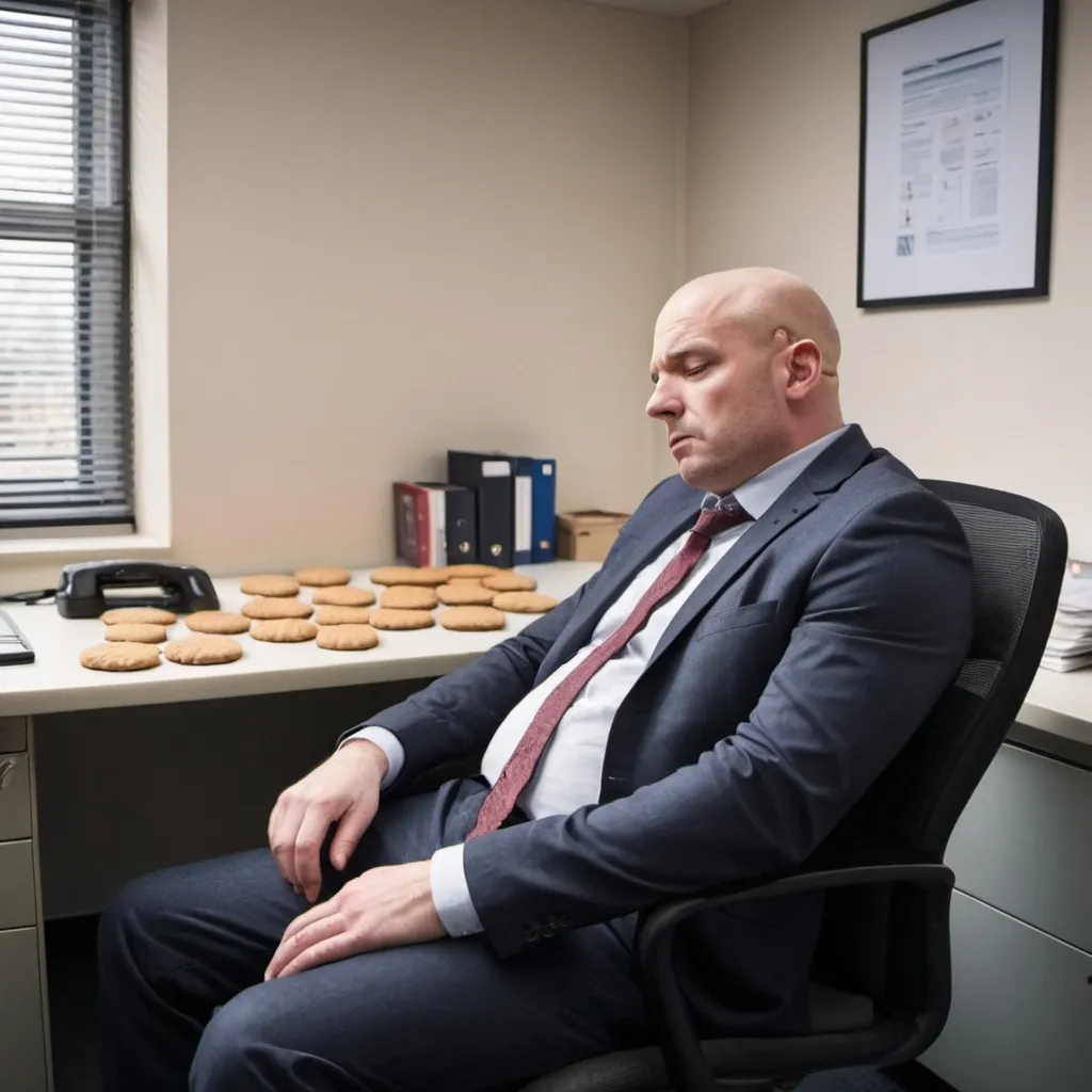 Prompt: Ed, a bald man in his 40's, is sitting slumped in the corner of the office at his desk, disappointed that Mike is yet to bring in any biscuits