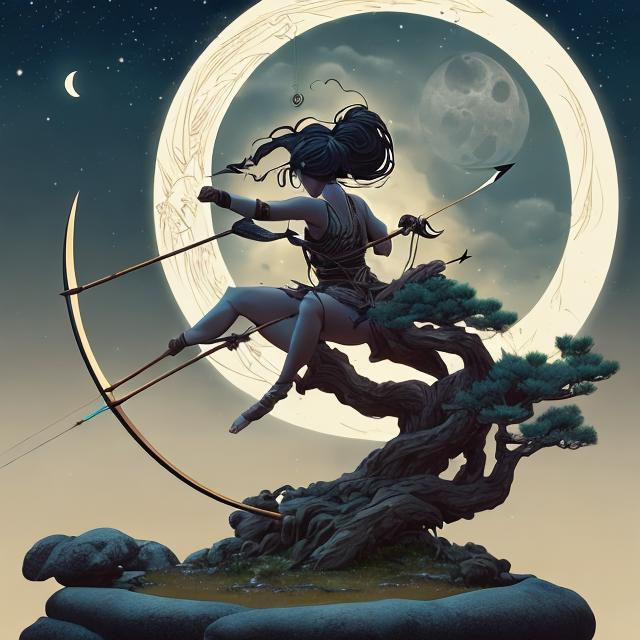 Prompt: Artemis aiming a crescent shaped bow and arrow from the top of a windswept bonsai tree, fantasy illustration, detailed hair blowing in wind, mystical moonlit atmosphere, high quality, fantasy, detailed bow, windswept, atmospheric lighting, mystical, moonlit, detailed hair, fantasy illustration, professional, highres