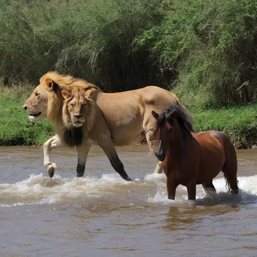 Prompt: Lion plus horse in the river side 