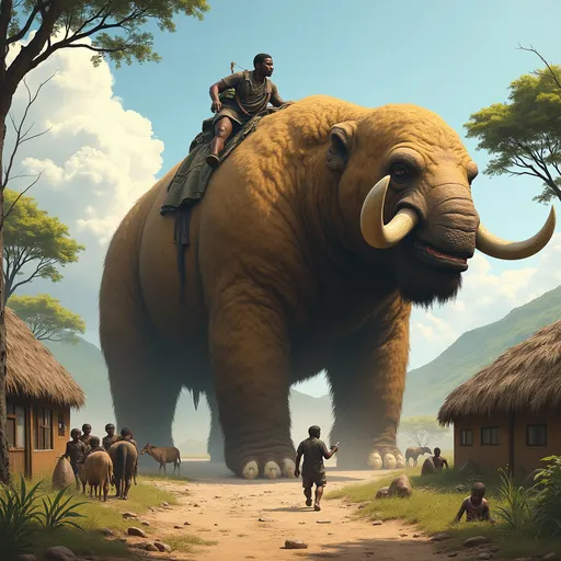 Prompt: A giant ground sloth from South America, Megatherium, towered at 20 feet and weighed over four tons with a black man riding on it. At the same time, it stomps through an idyllic African village, creating fear as people scamper for safety. 