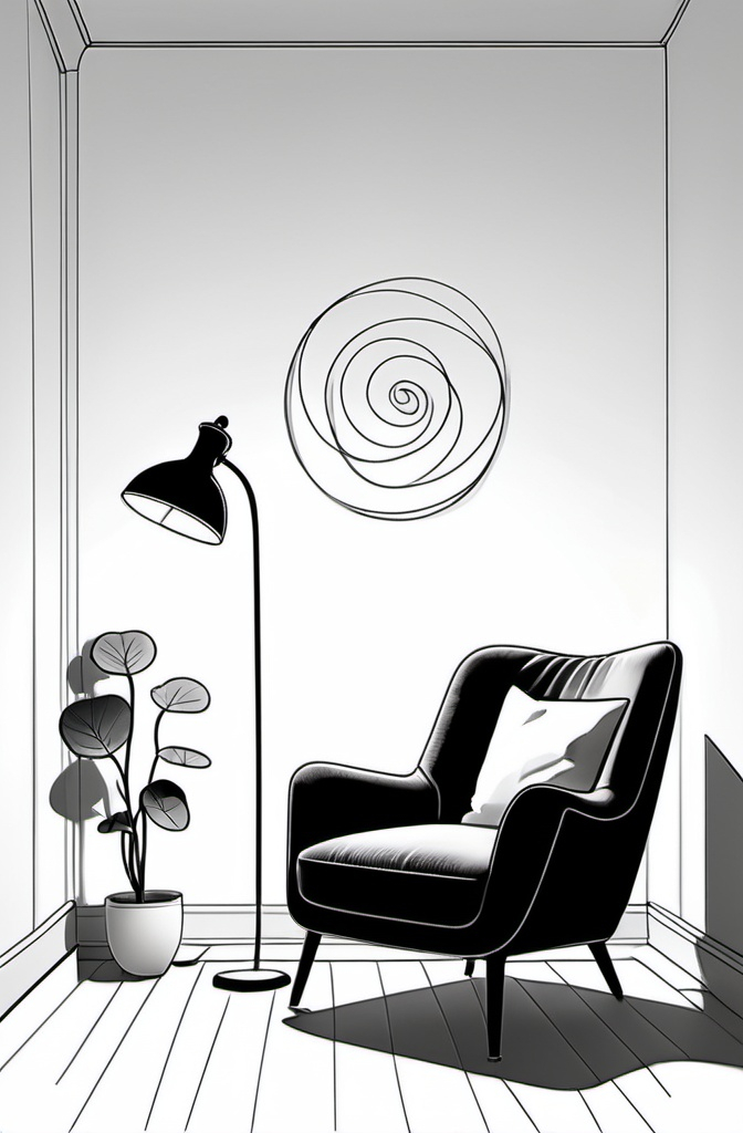 Prompt: A simple one line drawing , yet elegant depiction of a single lamp and cosy chair at the corner of a living room. The drawing is soft and contusions round lines