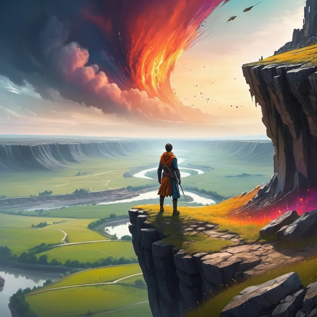 Prompt: a person on a cliff looking at a vast landscape. the field is used and destroyed from battle. make it bright and colourful.