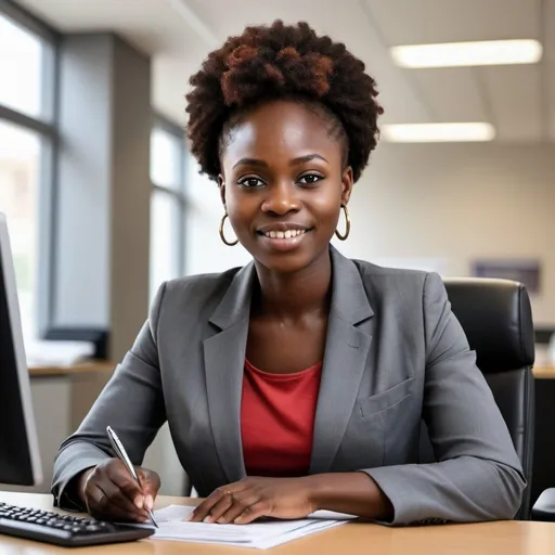 Prompt: REALISTIC PHOTO OF A AFRICAN WOMAN WORKING AT THE BANK.