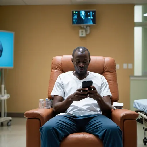 Prompt: PHOTO OF AN AFRICAN MAN SITTING ON AN ARMCHAIR HANDLING HIS PHONE IN A HOSPITAL PROJECTED BEHIND HIM