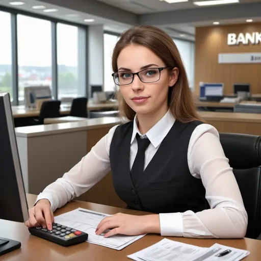 Prompt: REALISTIC PHOTO OF A WOMAN WORKING AT THE BANK.