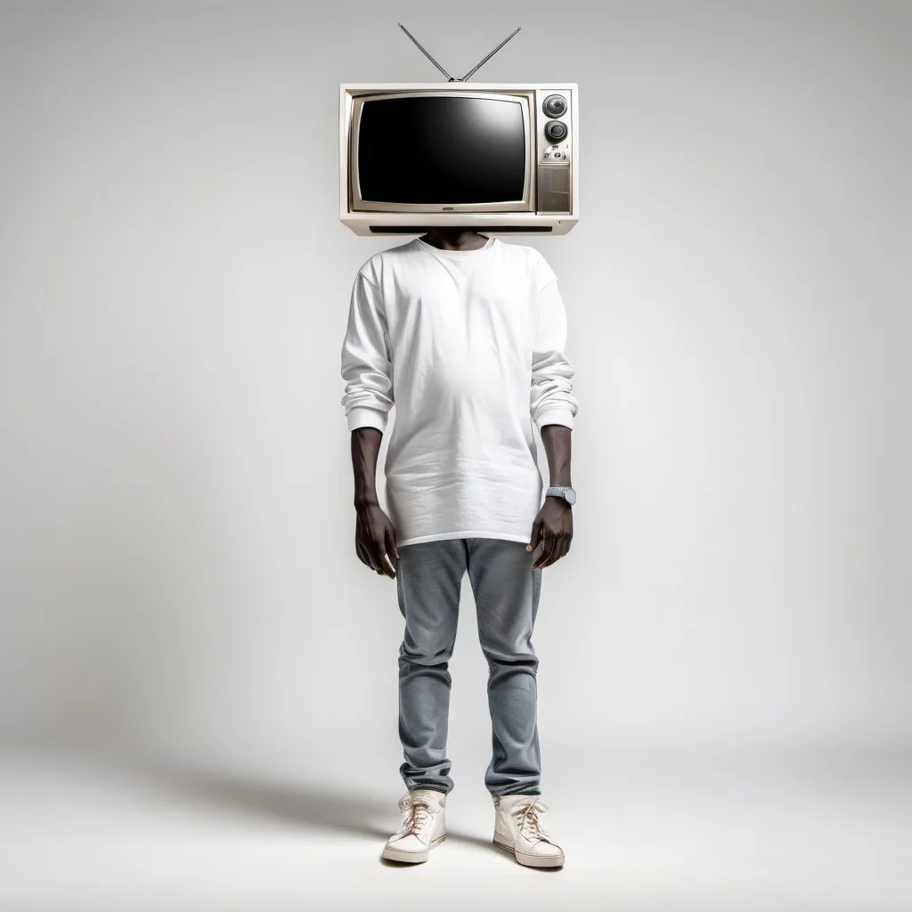 Prompt: real photo full length African person wearing white shoes with a TV in place of the head in a white background