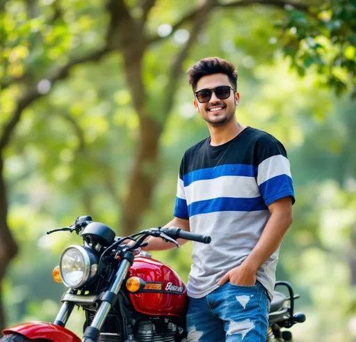 Prompt: Standing confidently beside a vibrant motorcycle, a young man with a bright smile showcases his stylish look in a black, blue, and white short-sleeve shirt. His sunglasses cast a cool shade over his youthful face, while his casual pose, with one hand tucked into his jeans, exudes a relaxed charm. The background features lush green foliage and sturdy trees, suggesting an outdoor setting illuminated by natural light, possibly during the day. The colorful bike, with its red and black accents, adds a dynamic element to the scene, enhancing the overall sense of adventure and freedom. The image conveys a lively, energetic vibe, capturing a moment of youthful enthusiasm and style.