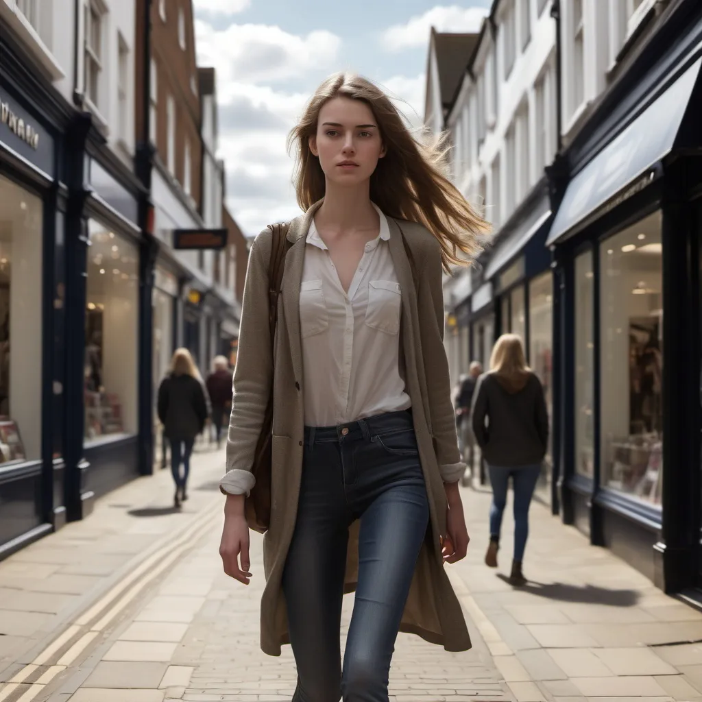 Prompt: Tall young woman walking down the high street, detailed clothing, realistic, natural lighting