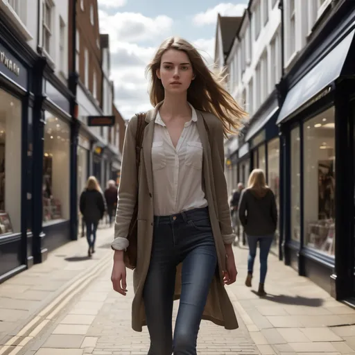 Prompt: Tall young woman walking down the high street, detailed clothing, realistic, natural lighting