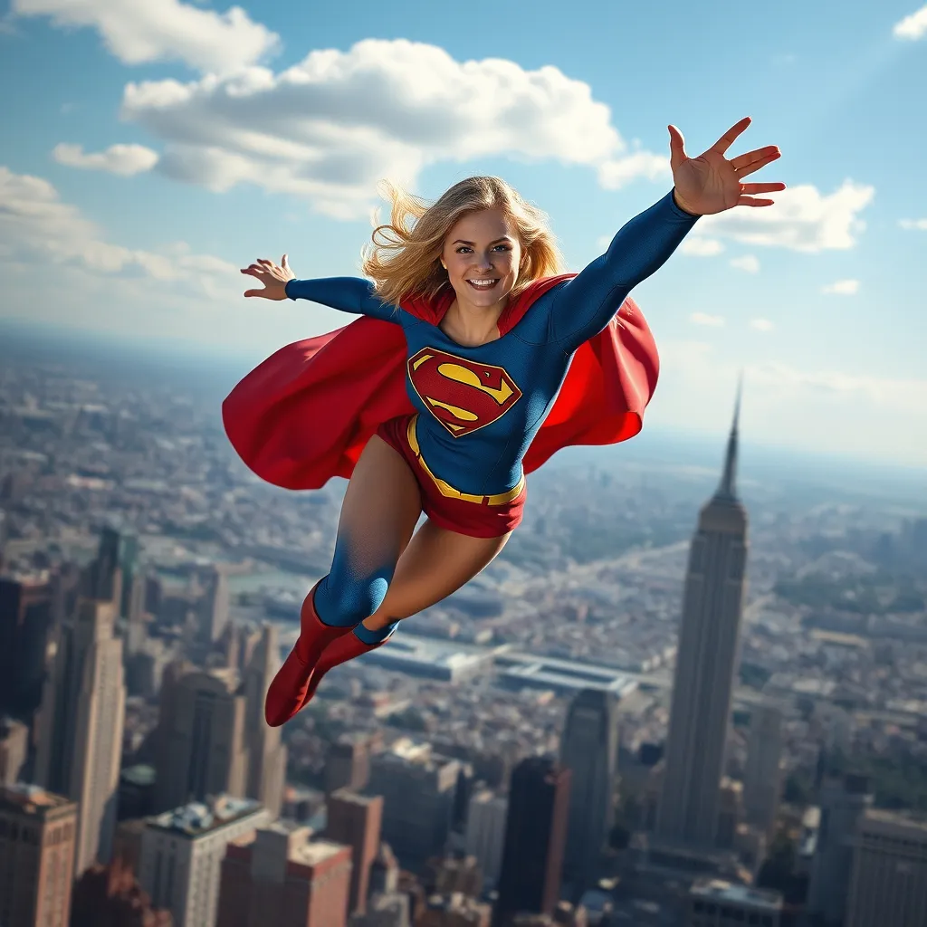 Prompt: Supergirl flying over a city