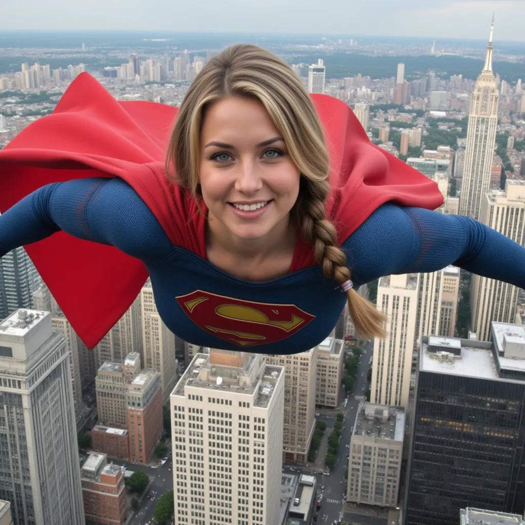 Prompt: Supergirl flying over a city