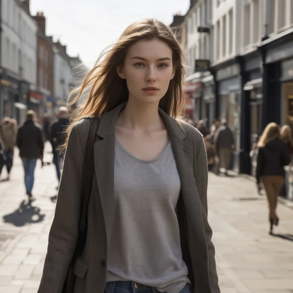 Prompt: Tall young woman walking down the high street, detailed clothing, realistic, natural lighting