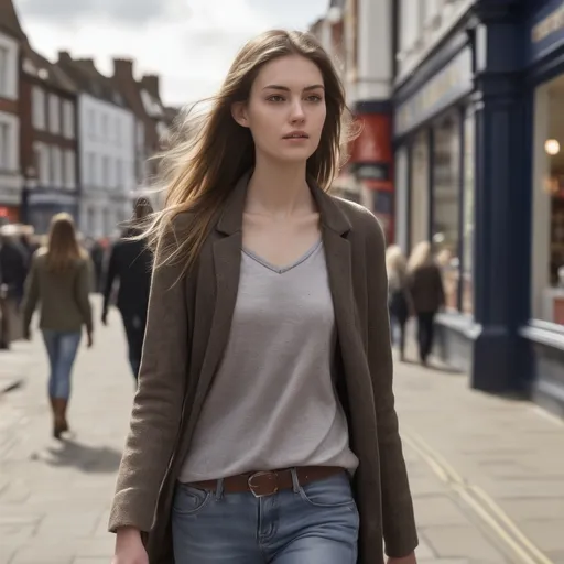 Prompt: Tall young woman walking down the high street, detailed clothing, realistic, natural lighting