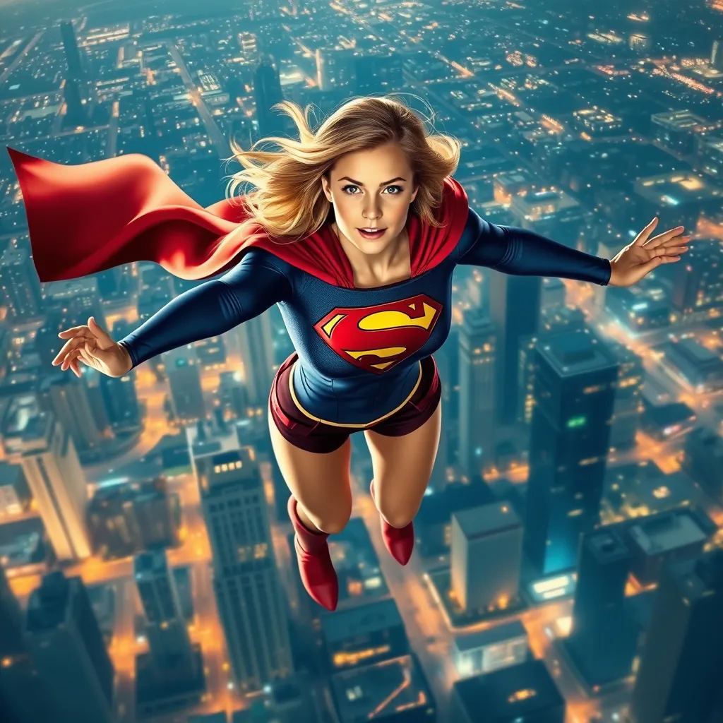 Prompt: Supergirl flying over a city