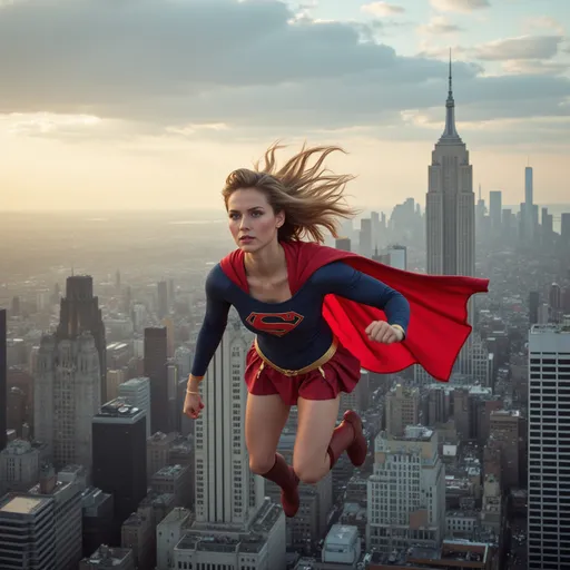 Prompt: Supergirl flying over a city