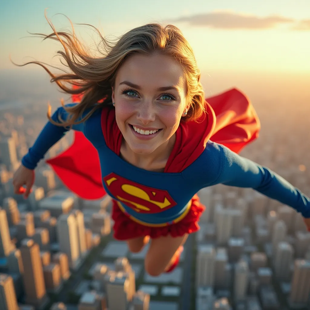 Prompt: Supergirl flying over a city