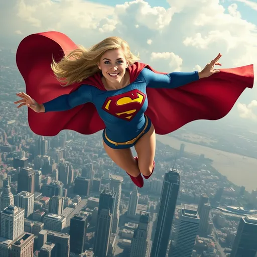 Prompt: Supergirl flying over a city