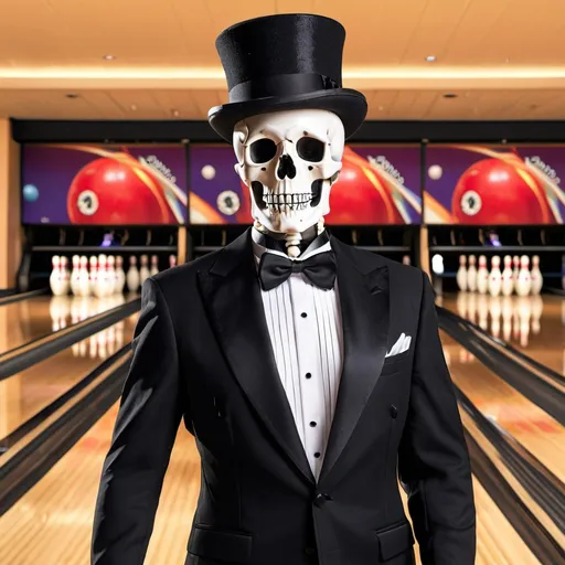 Prompt: Skeleton wearing a tuxedo and a bowling hat