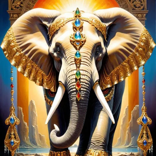 Prompt: God-like elephant, majestic and powerful, golden tusks and ornate jewelry, surreal fantasy, mystical aura, vibrant and surreal, high quality, detailed oil painting, majestic, surreal fantasy, vibrant colors, ornate jewelry, mystical aura, powerful presence, grandiose, divine lighting