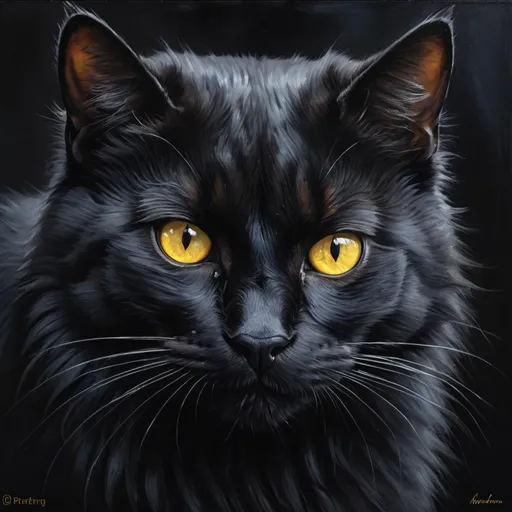 Prompt: Detailed image of a black cat with piercing yellow eyes, realistic oil painting, dark and ominous atmosphere, realistic fur texture, intense and focused gaze, life-like portrayal of the cat's predatory nature, high quality, oil painting, dark tones, realistic, intense eyes, ominous, predatory, detailed fur, professional, atmospheric lighting