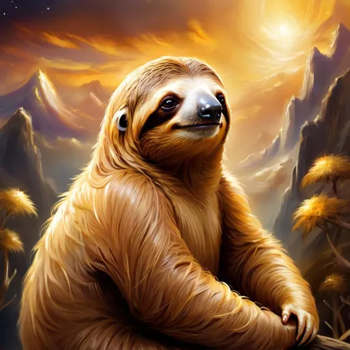 Prompt: God-like sloth, majestic golden fur, divine aura, surreal heavenly landscape, breathtaking high quality, digital painting, ethereal, golden hue, warm lighting, tranquil atmosphere, wise and serene expression, heavenly, magnificent, epic, divine creature, regal, peaceful, surreal, stunning, godly, tranquil, ethereal, majestic, soothing, serene, golden fur