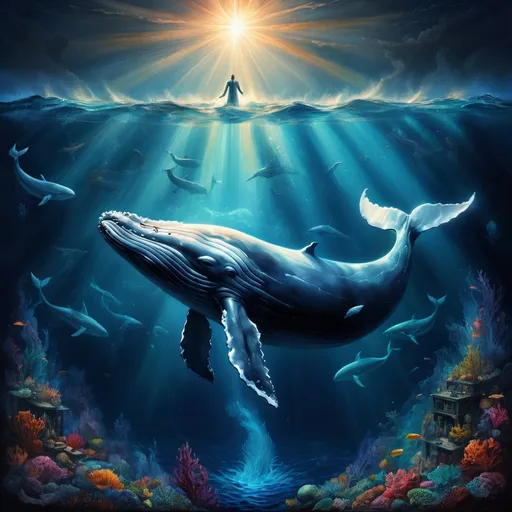 Prompt: God and whale, digital painting, majestic and powerful, heavenly light shining down, surreal and ethereal, deep ocean depths, larger than life, immense scale, divine presence, epic, mythical, spiritual, cosmic, high contrast lighting, rich and vibrant colors, ultra-detailed, surrealism, ethereal glow, spiritual connection, otherworldly, digital art, heavenly, deep sea, majestic, powerful, divine intervention, sacred, epic scale, underwater, larger than life, vibrant colors, high quality