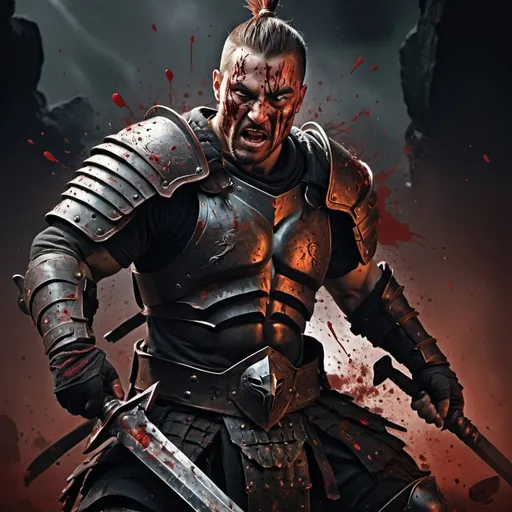 Prompt: High-resolution digital painting of a warrior, brutal action, dynamic composition, realistic blood splatter, intense facial expressions, detailed armor and weapon, dramatic lighting, dark and gritty atmosphere, professional digital art, high-quality, realistic, action, warrior, dynamic composition, blood splatter, intense expressions, detailed armor, dramatic lighting, dark atmosphere