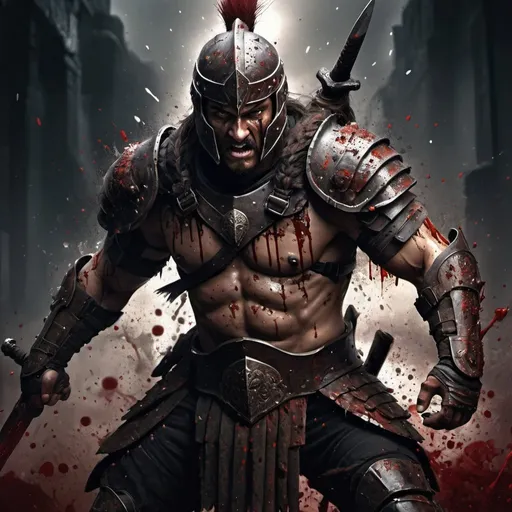 Prompt: High-resolution digital painting of a warrior, brutal action, dynamic composition, realistic blood splatter, intense facial expressions, detailed armor and weapon, dramatic lighting, dark and gritty atmosphere, professional digital art, high-quality, realistic, action, warrior, dynamic composition, blood splatter, intense expressions, detailed armor, dramatic lighting, dark atmosphere